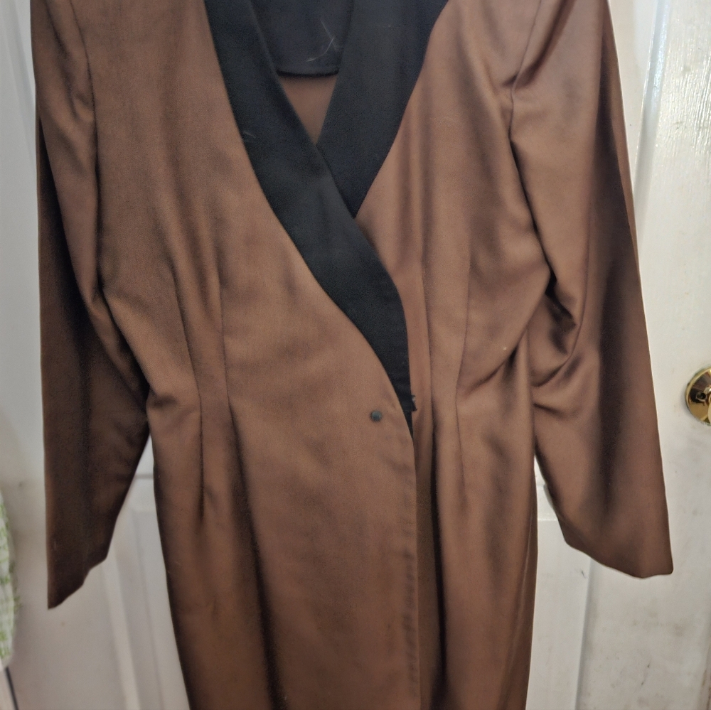 Brown Women's Coat Dress with Contrast Black Lapel